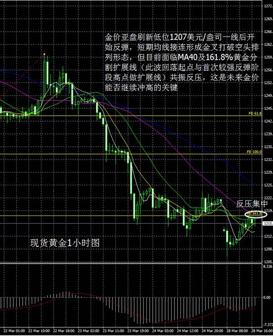 从现货黄金4小时图看，金价今日低开低走，后有所反弹，目前尚未补足此前跳空缺口，但已面临短期均线反压。MACD指标继续保持弱势。金价上方关键反压集中在1220-1225区间，若确认上破，短线可进入多头思路，否则仍有随时进入回落的可能。操作上，以上述区间为参考，暂时保持上破追多及逢高沽空为主。