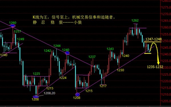 1262阶段性双顶成立，也就宣告了1209-1208双底形态反弹到此结束。日线高位阴十字星外加昨日的调整中阴线，可以确立日线大格局1209-1274区间整理之下，行情的幅度缩小。大级别节奏我们注意，月线的中期底部强势慢慢消化，四月如果不能转阳走强，那么年内将继续走月线级别大震荡。而日线方面1262-1283-1262头肩顶形态构造中，一旦形成，那么后市将回归弱势之中。