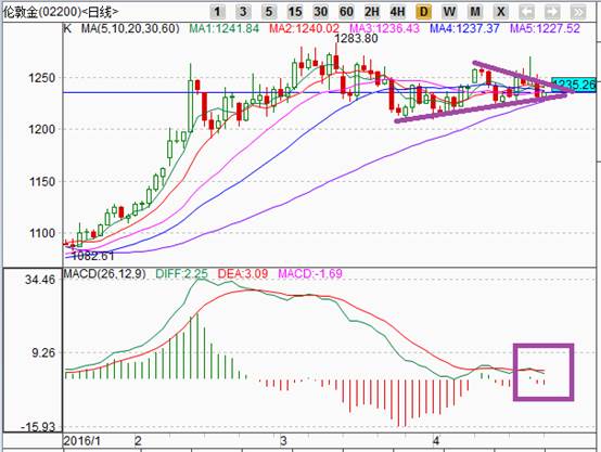 从技术上看，黄金价格近日走势开始转弱，金价正退守日线图震荡上行通道的下轨线，市场空方投资者力量开始转强。另外日线图MACD指标中，双线开始掉头向下，同时红色能量柱增长，投资者主动做空意愿正在增强。目前黄金处于震荡上行的通道中，但市场空头气氛有所转浓，本周可能会呈现震荡回落的态势，投资者可选择卖出做空的策略。