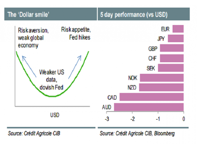 目前，投资者市场情绪受到美联储的鸽派立场支撑，当然，美联储的鸽派立场也是美元表现不佳的主要原因。“美元微笑形态”假设美元将会从此继续升值，这要么是市场为规避风险，因为投资者预期到美联储主席耶伦加息推迟时间有限，要么是受全球经济增长以及市场风险情绪持续改善提振，当然这最终也将会令美联储恢复其紧缩周期。